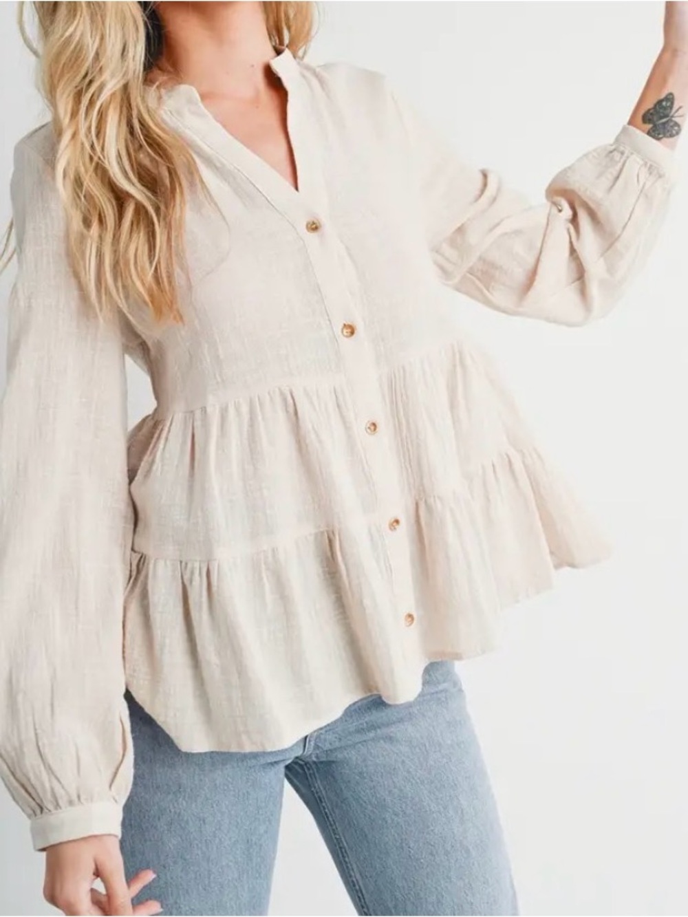 Bluivy Cream Tiered Button-Front Tunic